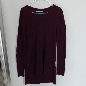 maroon maurices sweater with crisscross vneck